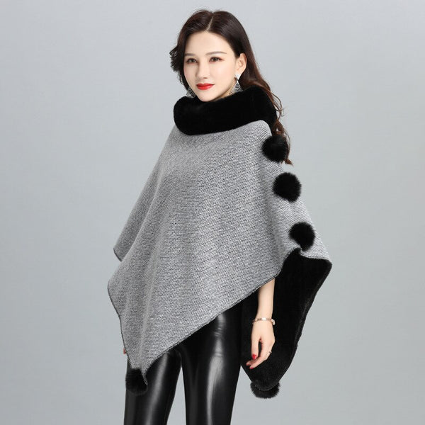 Plus Velvet Pullover Faux Rabbit Fur Street Wear Capes Solid Loose Poncho