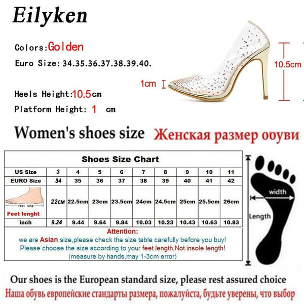 EilyKen Golden Rhinestone PVC Transparent Women Pumps Shoes Spring Autumn High Heels PVC Sexy Party  Wedding Shoes Size 41  42