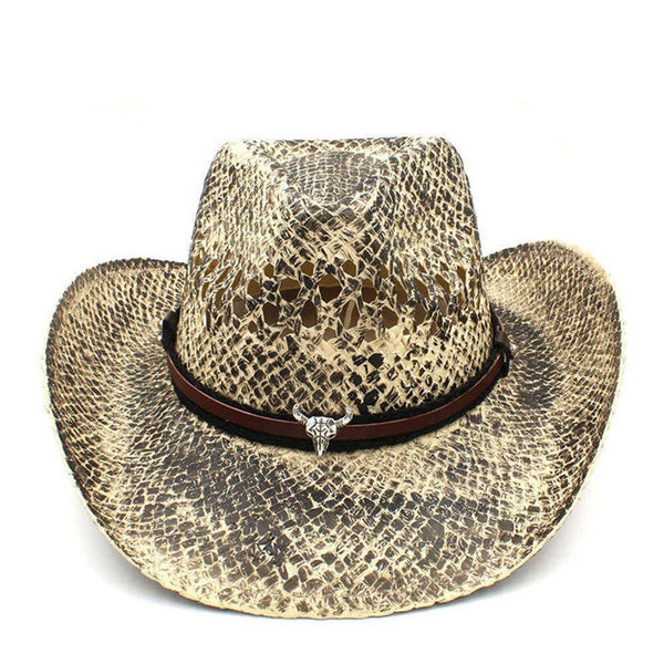 Women Men Hollow Western Cowboy Hat Handmade Weave Straw Lady Dad Sombrero Hombre Cowgirl Jazz Caps Bull Head Band Size 56-58cm