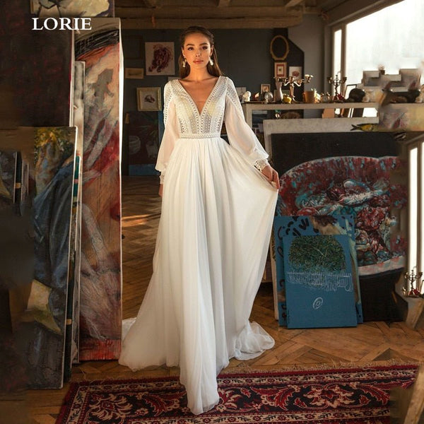 LORIE Bohemian Wedding Dresses Puff Sleeve Lace Embroidered V-Neckline Bridal Gown 2024 Backless Vestido De Novia Wedding Custom Made Party Gown