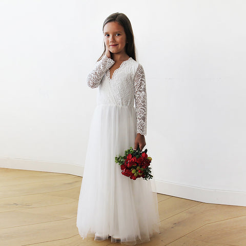Blush Fashion Silk Tulle and Lace Long Sleeves Maxi Length Ivory Flower Girls Gown #5043