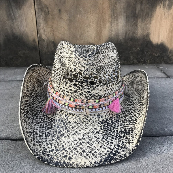 Women Straw Hollow Western Cowboy Hat Elegant Lady Tassel Sombrero Hombre Hat Fascinator Sunbonnet Cowgirl Sun Hat