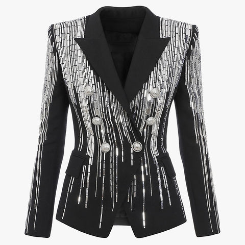 HIGH STREET 2021 Newest Fashion Designer Jacket Women's Double Breasted Luxurious Stunning Silver Metal Buttons Beaded Blazer