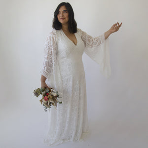 Blush Fashion Plus Size Lovely Ladies Lace Ivory Bridal Kaftan With Fringe Bat Wing Sleeves Boho Wedding Dress #1328
