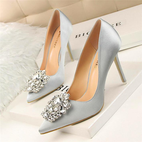 BIGTREE Flower Style Wedding Bridal Sexy Pointed Toe Women's Pumps Fashion Solid Silk Shallow High Heels 10cm