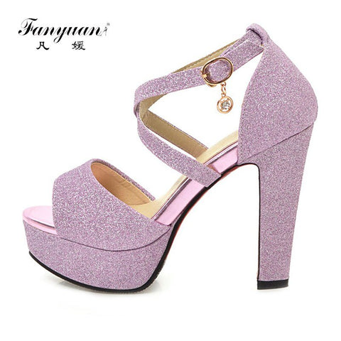 Fanyuan Bling Ladies Sandals Women's Summer Footwear Peep Toe Party Wedding Shoes Cross-Tied Buckle  Glitter Female's High Heels