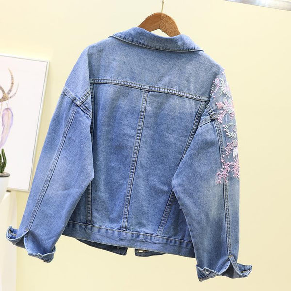 New Designer Name Brand Rhinestone & Studs Women's Denim Bomber Jeans Jacket Embroidery Three-Dimensional Floral Jeans Jacket Beading Pearl Distressed Outerwear