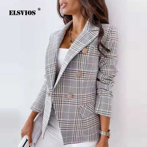 Office Lady Elegant Slim Blazer 2023 Autumn Lapel Long Sleeve Button Cardigan Blazer Jacket Women Fashion Plaid Print Casual Suit Coats By ELSVIOS