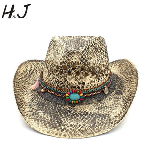 Women Men Straw Western Cowboy Hat Summer Handmade Weave Lady Sombrero Hombre Cowgirl Caps Bohemian Tassel Ribbon Size 56-58cm