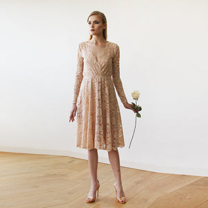 Blush Fashion Pink Lace Embroidered Long Sleeve Deep-V Scalloped Neckline Short Cocktail Style Dress  #1161