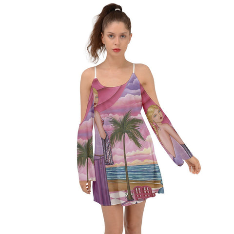 Pamela Palm Beach Tropical Island Inspired Kimono Sleeves Women's Boho Mini Dress By Sharon Tatem LLC
