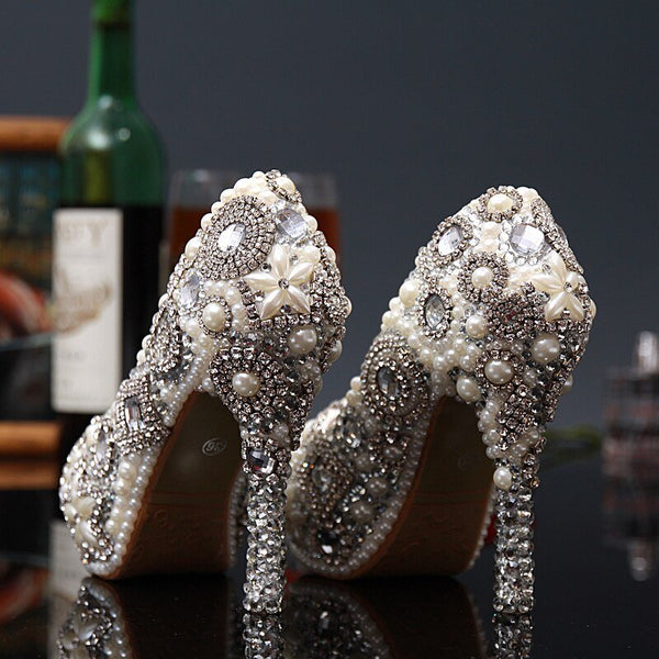 2020 Unique High Heeled Bridal Shoes Pearl Rhinestone Wedding Dress Shoes Peep Toe Waterproof Woman Party Prom Shoes