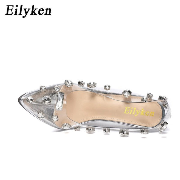 Eilyken 2021 Design Rivet Crystal Pumps Wedding Women Shoes High Heels PVC Transparent Sexy Night Club Femme Stilleto's