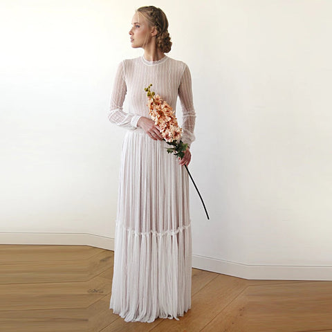 Blush Fashion Modest Lace Wedding Dress, Gentle Stripes Pattern Maxi Dress #1209