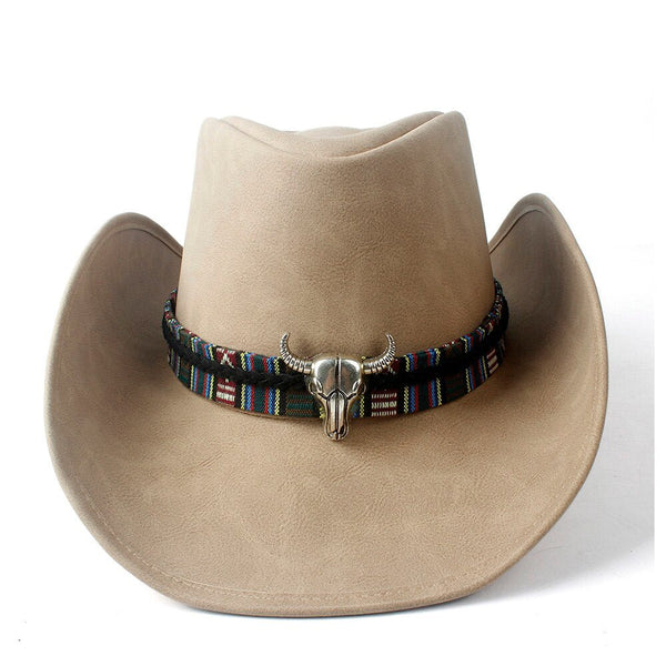 Retro Unisex Leather Hat Wide Brim Cowboy Cowgirl Western Hat Cow Head Leather Band