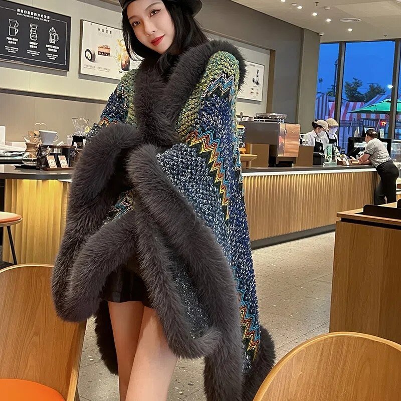 2022 Women's Fur Coat Poncho Wool Warm Fashion Bohemia Knitted Cloak With Fur