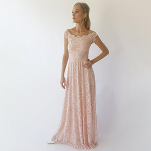 Blush Fashion Off-The-Shoulder Short Sleeves Pink Scalloped Lace Maxi Wedding Dress #1304