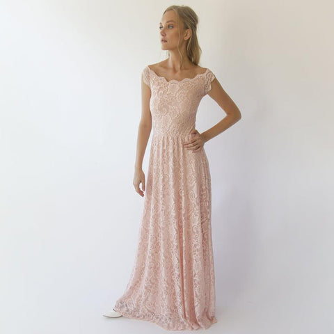 Blush Fashion Off-The-Shoulder Short Sleeves Pink Scalloped Lace Maxi Wedding Dress #1304