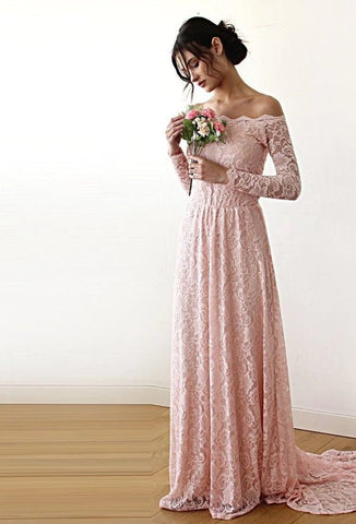 Blush Fashion Pink Off-The-Shoulder Floral Lace Long Sleeve Sheer Elegance Wedding Gown With Train #1148