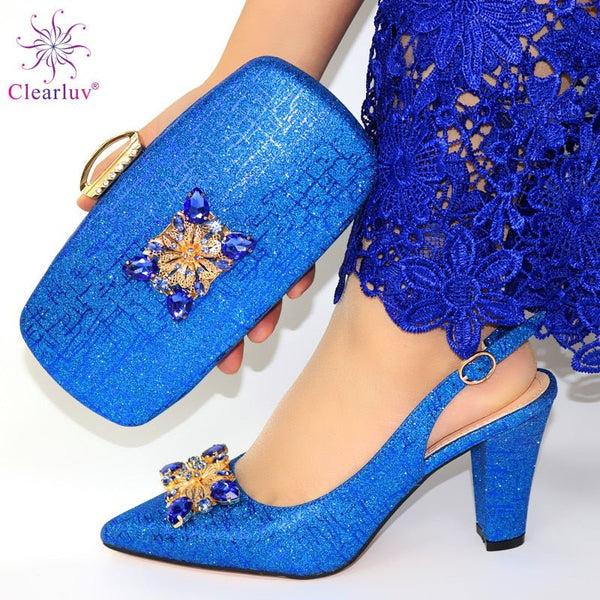 New Fashion Style Elegant Ladies Shoes and Matching Bag Set Italian Design Rhinestone High Heels Shoes and Bag Party Set