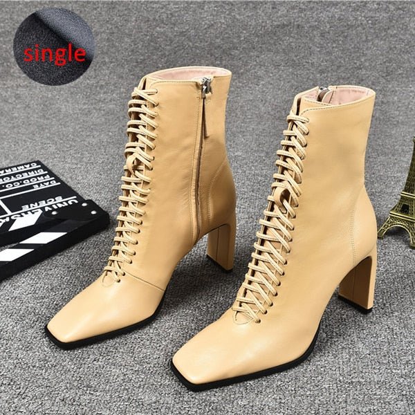 Women Leather Boots Fashion High Heels Shoes Winter Lace Up Woman Boots Square Toe Ankle Boots Female Shoes Heels
