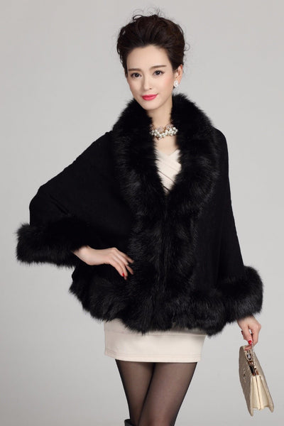 Autumn/Winter White Faux Fox Fur Cashmere Poncho Big Fur Collar Bridal Shawl
