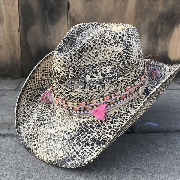 Women Straw Hollow Western Cowboy Hat Elegant Lady Tassel Sombrero Hombre Hat Fascinator Sunbonnet Cowgirl Sun Hat
