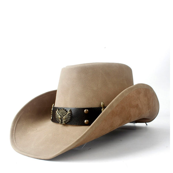 Women's Men's Autumn Leather Wide Brim Western Cowboy Cowgirl Fedora Hat Two Guns Leather Band