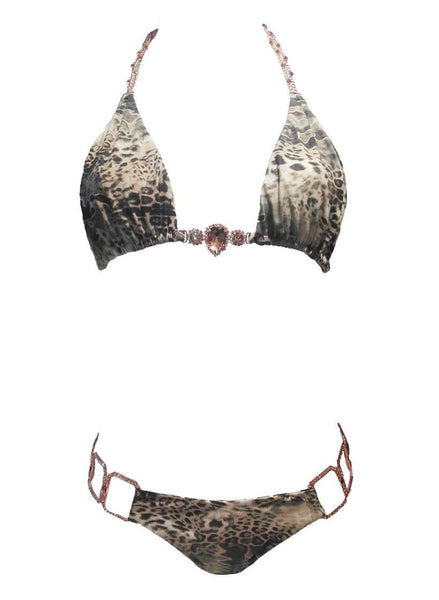 Regina’s Desire European Swimwear Swarovski Crystal Be-spangled Triangle Halter Top & Bottom (Ocelot)