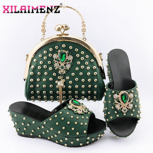 Comfortable Heels African Women Shoes and Bag Set in Teal  Color Nigerian River Design Shoes Matching Bag for Wedding Party