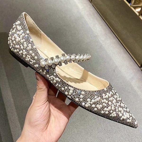 Luxury Brand Women Rhinestone Pumps Pointed Toe Heel String Bead Wedding Shoes Women Elegant Design High Heels Ladies Pumps
