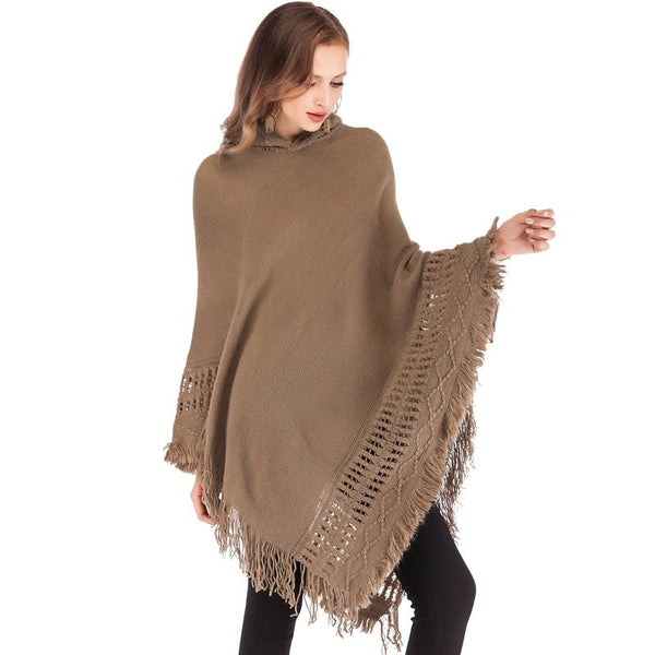FLORATA Casual Hooded Poncho and Cape Knit Tassel Pullover Solid Sweater Poncho