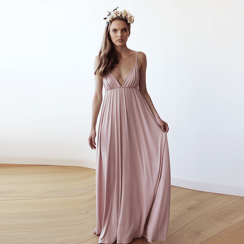 Blush Fashion Pink Deep V-Neck Floor Length Open Back Spaghetti Straps Maxi Dress #1093