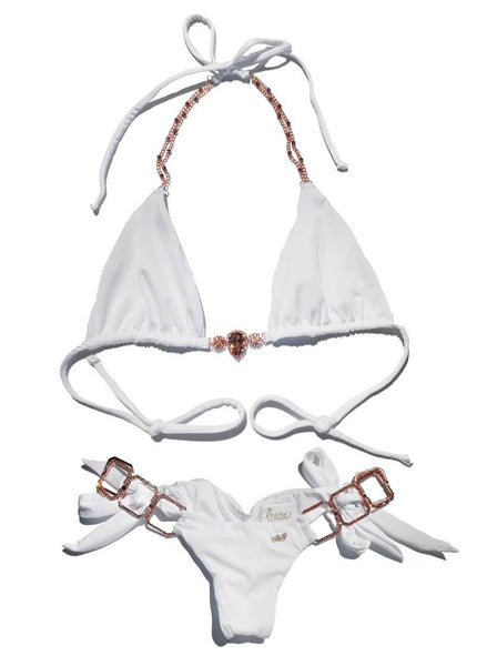 Regina’s Desire European Swimwear Swarovski Crystal Be-spangled Triangle Bikini Top & Bottom (White)