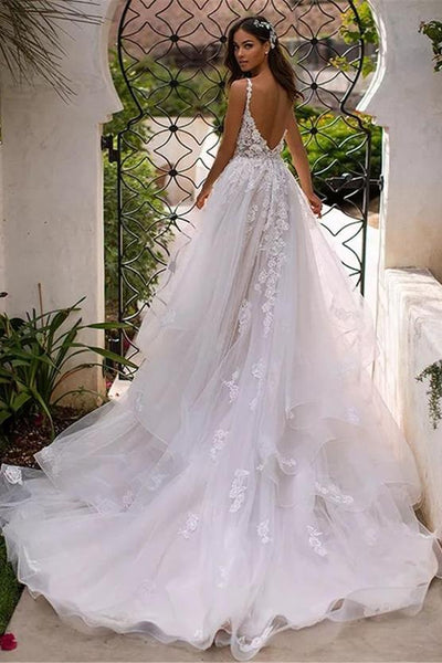 Victoria Vivacious Long Boho A-Line Backless Wedding Dress 3D Flowers Spaghetti Strap Bridal Dress Princess Floor Length Wedding Gown