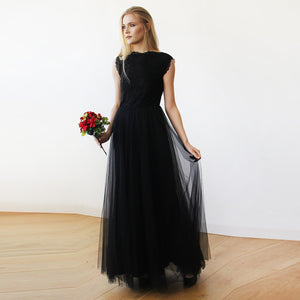Blush Fashion Timeless Black Lace Open Back Floor Length Silk Tulle Skirt Sleeveless Maxi Bridal Gown #1145