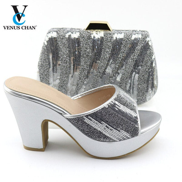 Women's Photo Color Sequin African Royal Wedding Party Shoes Bag to Match Shining Crystal African Style Set