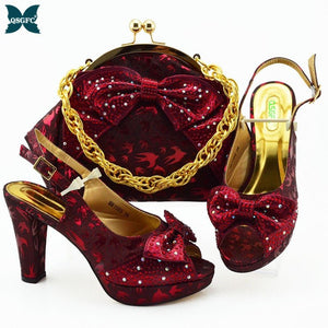 Italian Design 2021 Nigerian Fashion Hot Selling Butterfly-Kont Decoration Style Wine Color Party Women Shoes and Bag Set