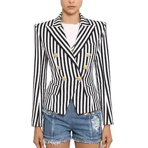 TOP QUALITY Newest 2021 Stylish Designer Blazer Jacket Women's Lion Buttons Detail Double Breasted Classic Striped Print Blazer