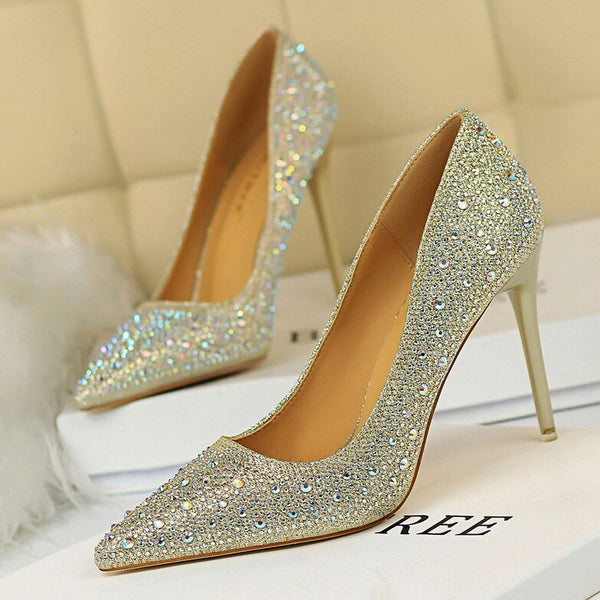 2021 New Women Pumps Glitter Crystal High Heels for Women Shoes Gold Black Elegant Wedding Chaussures Femme Stiletto  9219-22