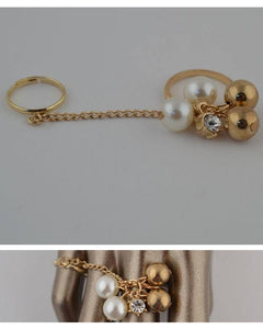 Cassie Cutie Un-chain My Heart Chained Ring Duo w/ Faux Pearls & Rhinestone Ring