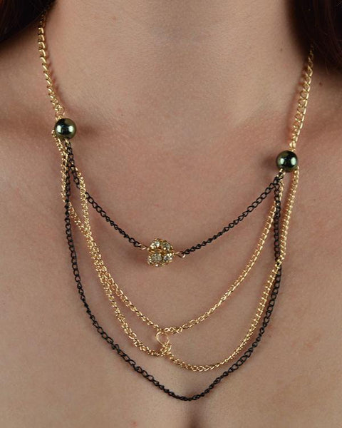 Unchain My Heart Layered faux pearl chain necklace w/ rhinestone detail