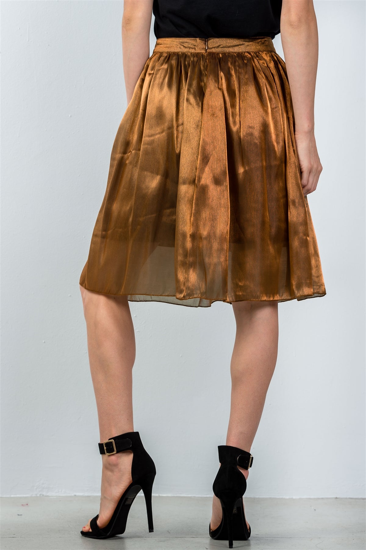 Our Best 100% Polyester High Rise Elastic Waist Unlined Semi-Sheer Pleated Midi Skirt (Bronze)