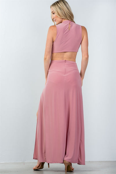 Swing Out Sister 92% Polyester 8% Spandex Made In U.S.A. Ladies Fashion Cut-Out Double Thigh High Slit Maxi Dress (Mauve)