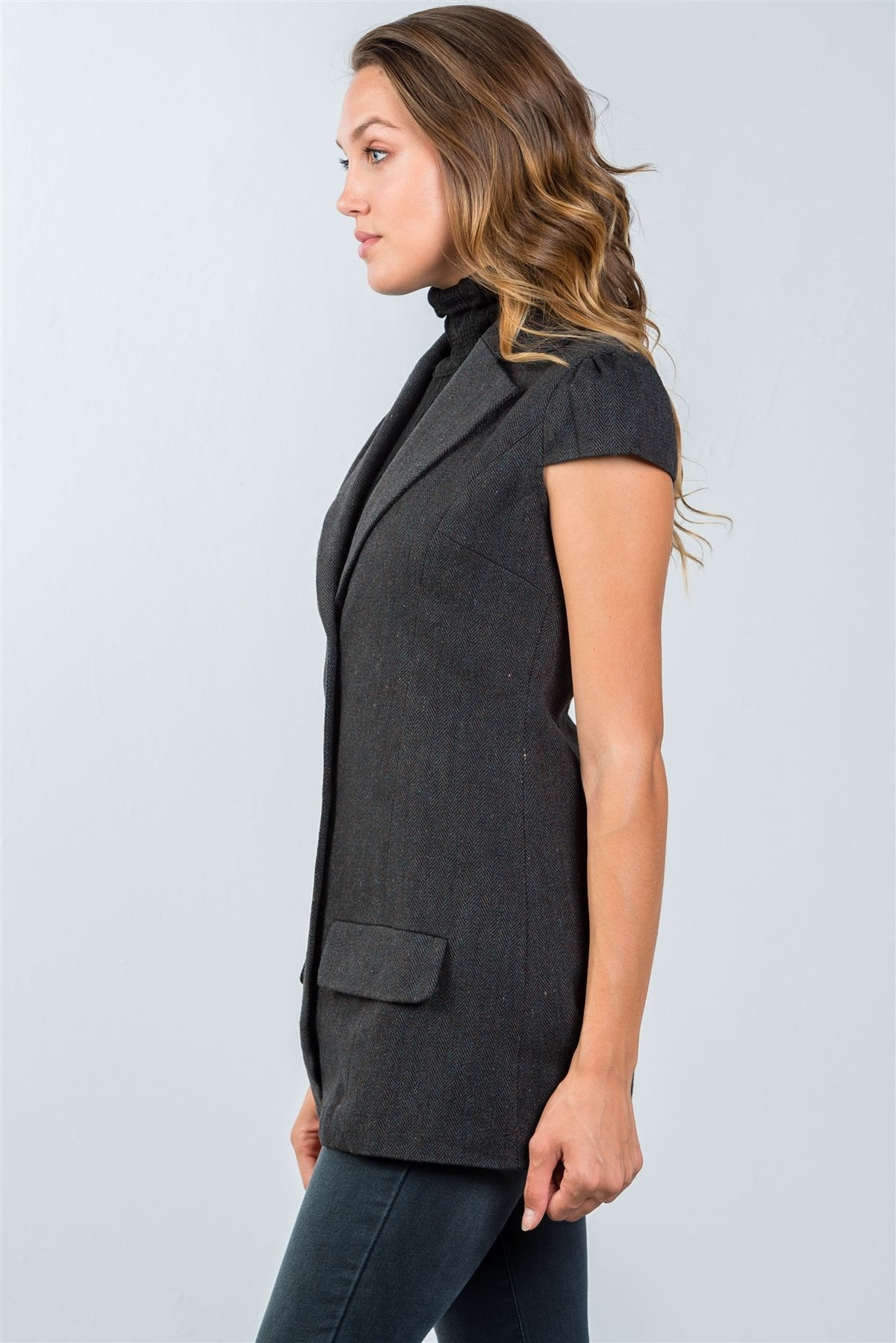 Dianna Deanna Polyester Blend Ladies Fashion Cap Sleeve Button Detail Navy Jacket