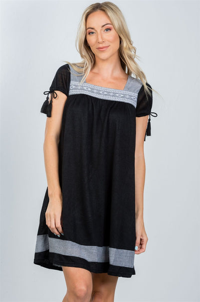 Tammie Tamika Tassel Tie 100% Cotton Fashion Plus Bohemian Style Tassel-Tie Button Detail Short Sleeves Boho Shift Mini Dress (Black)
