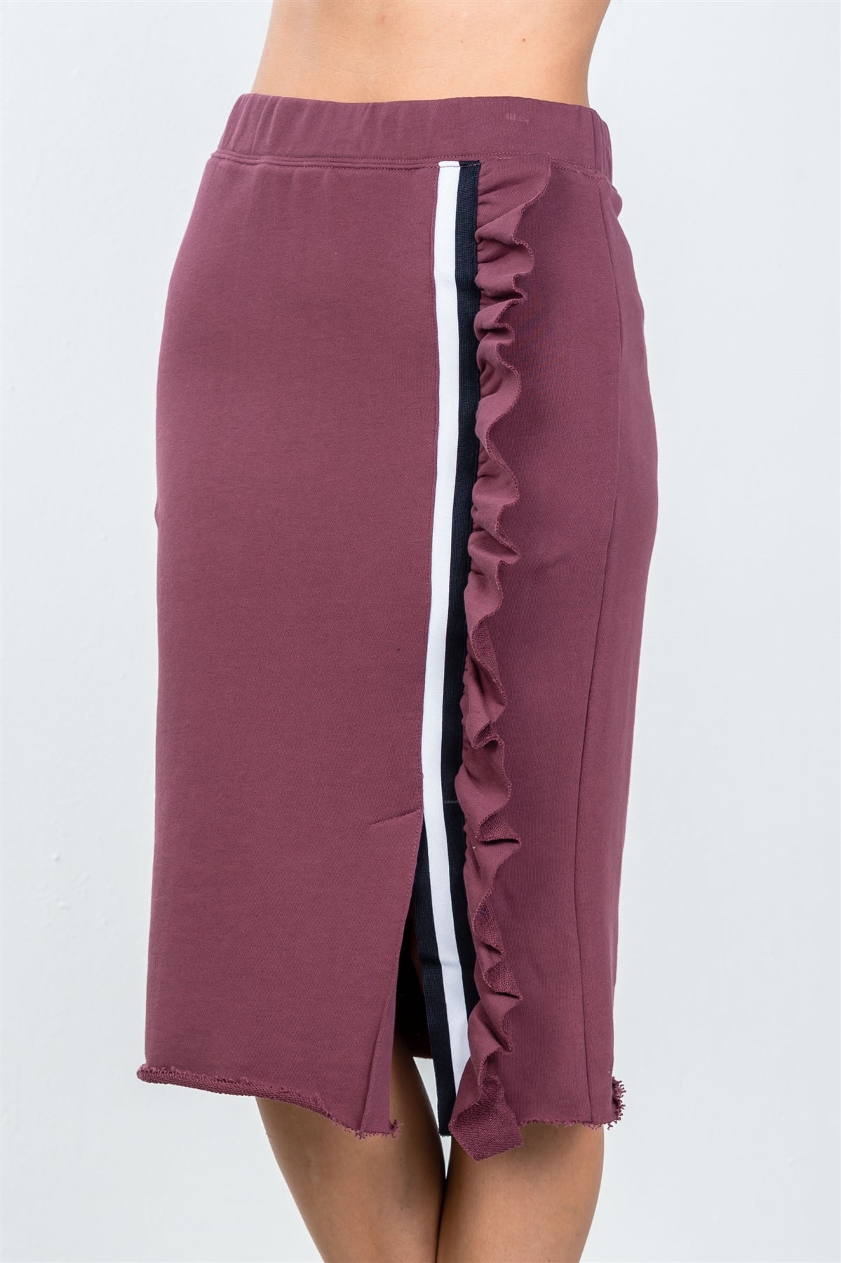 Our Best 100% Cotton High-Waist Side Stripes Ruffles Detail Elastic Waist Midi Skirt (Ash Plum)