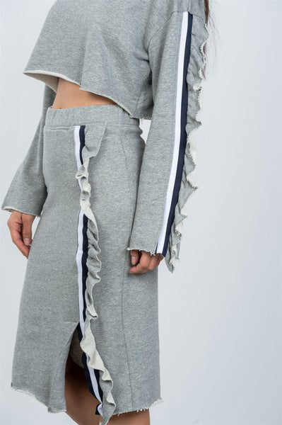 Our Best 100% Cotton High-Rise Side Stripes Ruffles Detail Elastic Waist Midi Skirt (Grey)