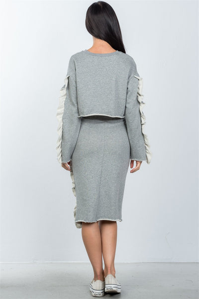Our Best 100% Cotton High-Rise Side Stripes Ruffles Detail Elastic Waist Midi Skirt (Grey)