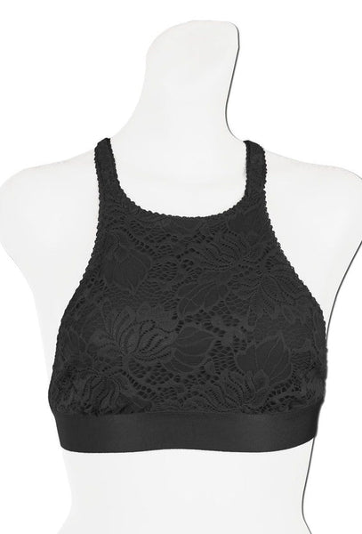 Deanna Dahlia Rayon/Polyester Blend Embroidered Halter Crochet Floral Laced Bralette Top (Black)